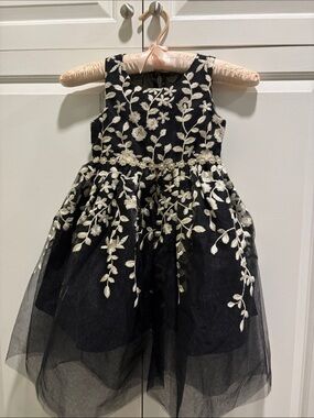 Girls Black Floral Embroidered Party Dress